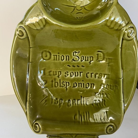 California Pottery Onion Soup Chip Dip Recipe Avocado green Tray Glaze MCM - Picture 5 of 16